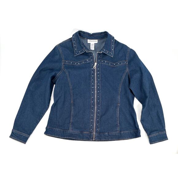Cathy Daniels Denim Jean Jacket full zip Rhinestone Embellished Sz Large - Picture 1 of 10